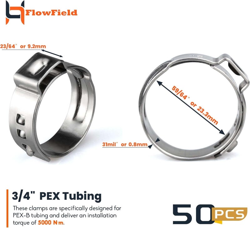 FlowField PEX Cinch Ear Hose Clamps, High Strength 304 Stainless Steel PEX Tubing Cinch Ring for PEX-b Tubing Pipe Fittings 3/4, 50Pcs - Image 2